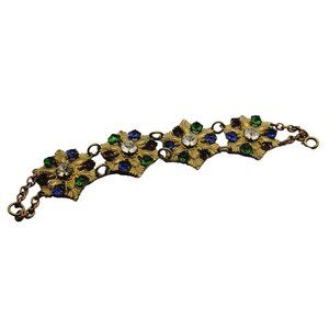 Vintage Czech Jeweled Brass Bracelet (A428)